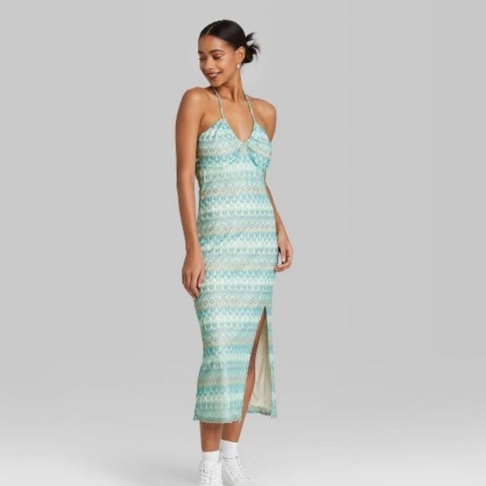 Women's Crochet Slip Dress Lace Up Back - Wild Fable Aqua Blue Size L Vacation